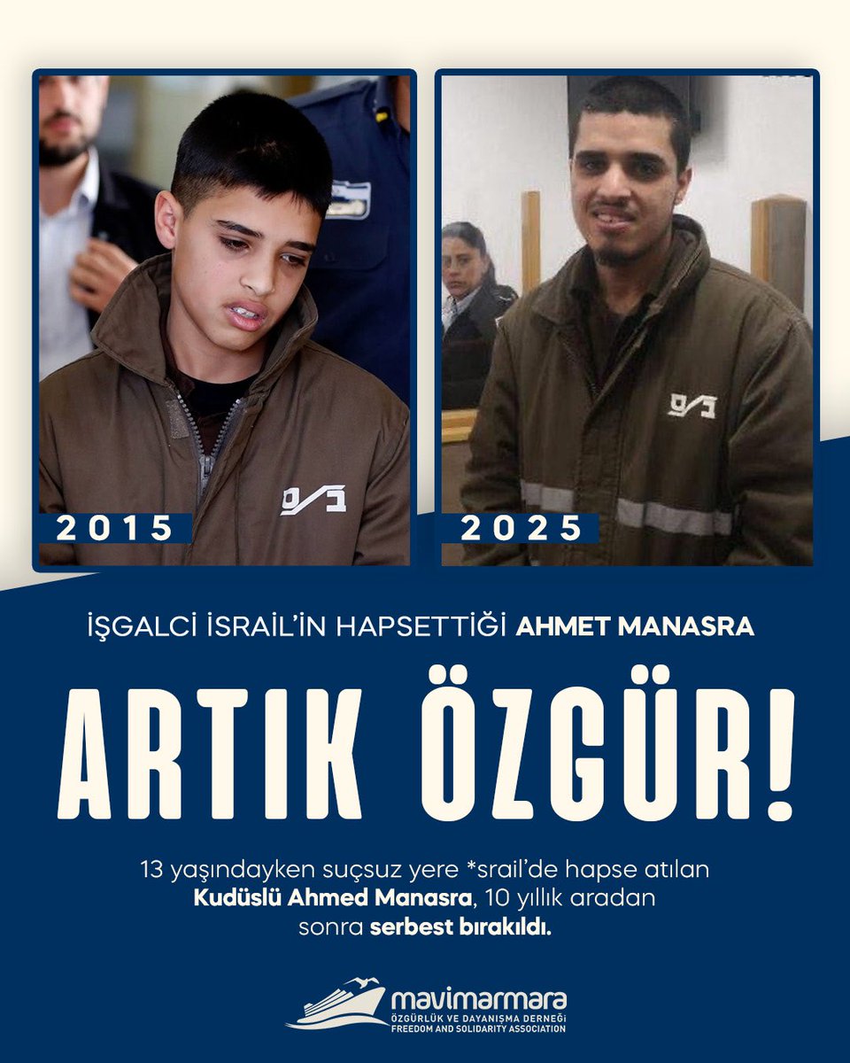 mavimarmaratr's tweet photo. Henüz 13 Yaşındayken Tutuklanmıştı. Ahmet Manasra, 10 Yılın Ardından Özgürlüğüne Kavuştu! 🇵🇸

Hepimiz onu, tutuklandığında çekilen fotoğrafından tanıyorduk. 

13 yaşındayken suçsuz yere *srail zindanlarına atılan Kudüslü Ahmet Manasra, 10 yıllık zindan hayatından bugün kurtuldu. https://t.co/GzUHIItDDZ