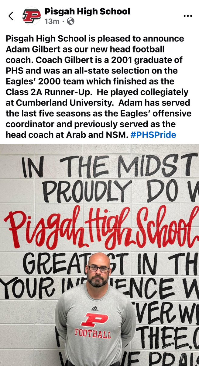 Adam Gilbert named HFC at Pisgah.