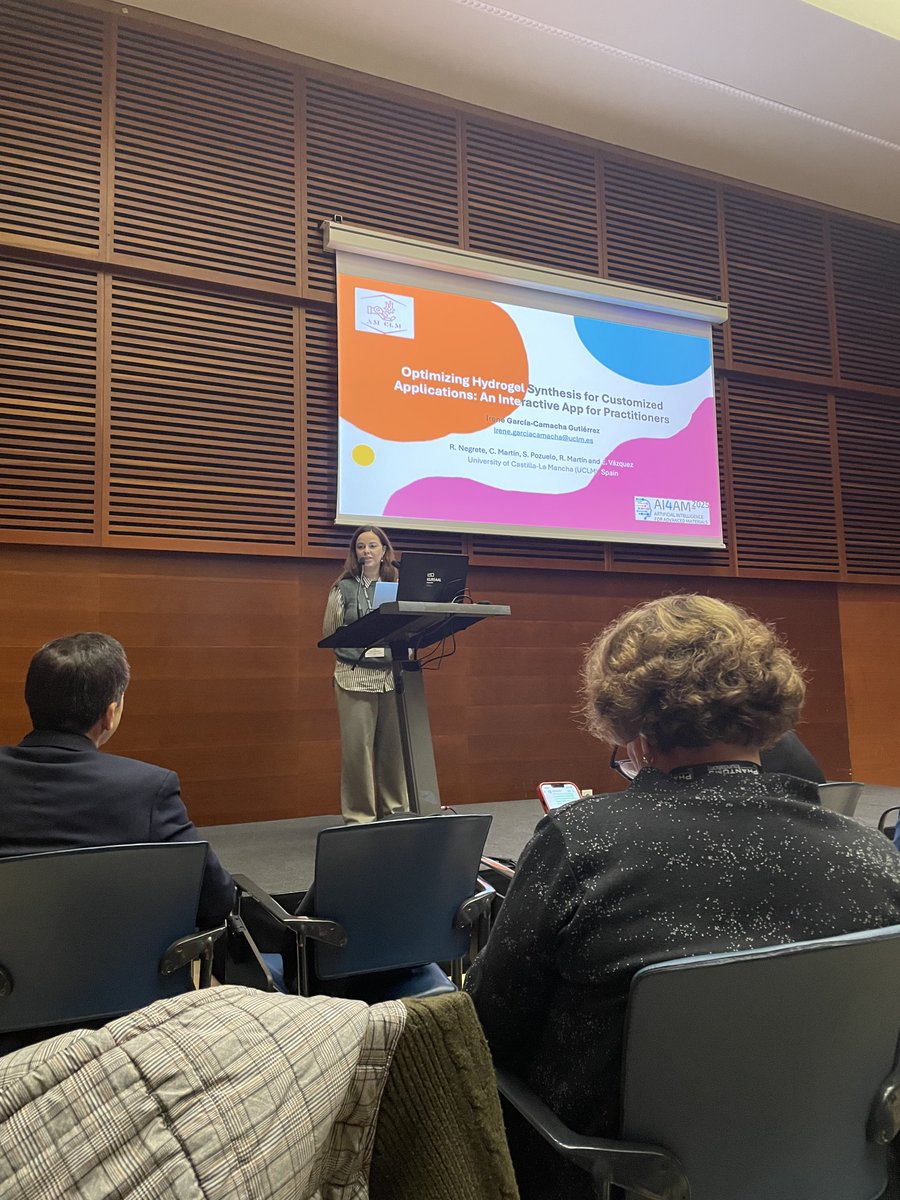 imaci_uclm's tweet image. La profesora Irene García-Camacha Gutiérrez @gcg_irene @uclm_es @IndustrialesCR @matematicasUCLM presentó “Optimizing Hydrogel Synthesis for Customized Applications: An Interactive App for Practitioners” @AdvMaterCLM en el congreso AI4AM2025 en San Sebastián del 8 al 10 de Abril.