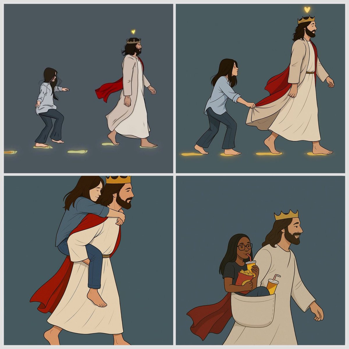 The journey with Christ…❤️✨
At first, we follow.
Then we cling.
Then He carries.
And we end up chilling in His grace.