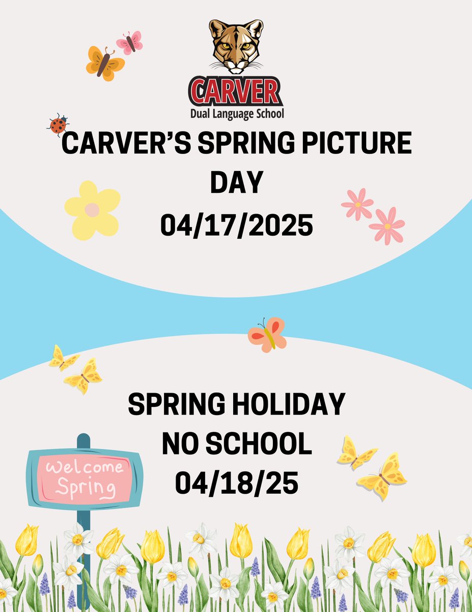 Important reminders for next week: 
- Spring picture day is next Thursday, April 17th. 
- No school next Friday due to Spring Holiday