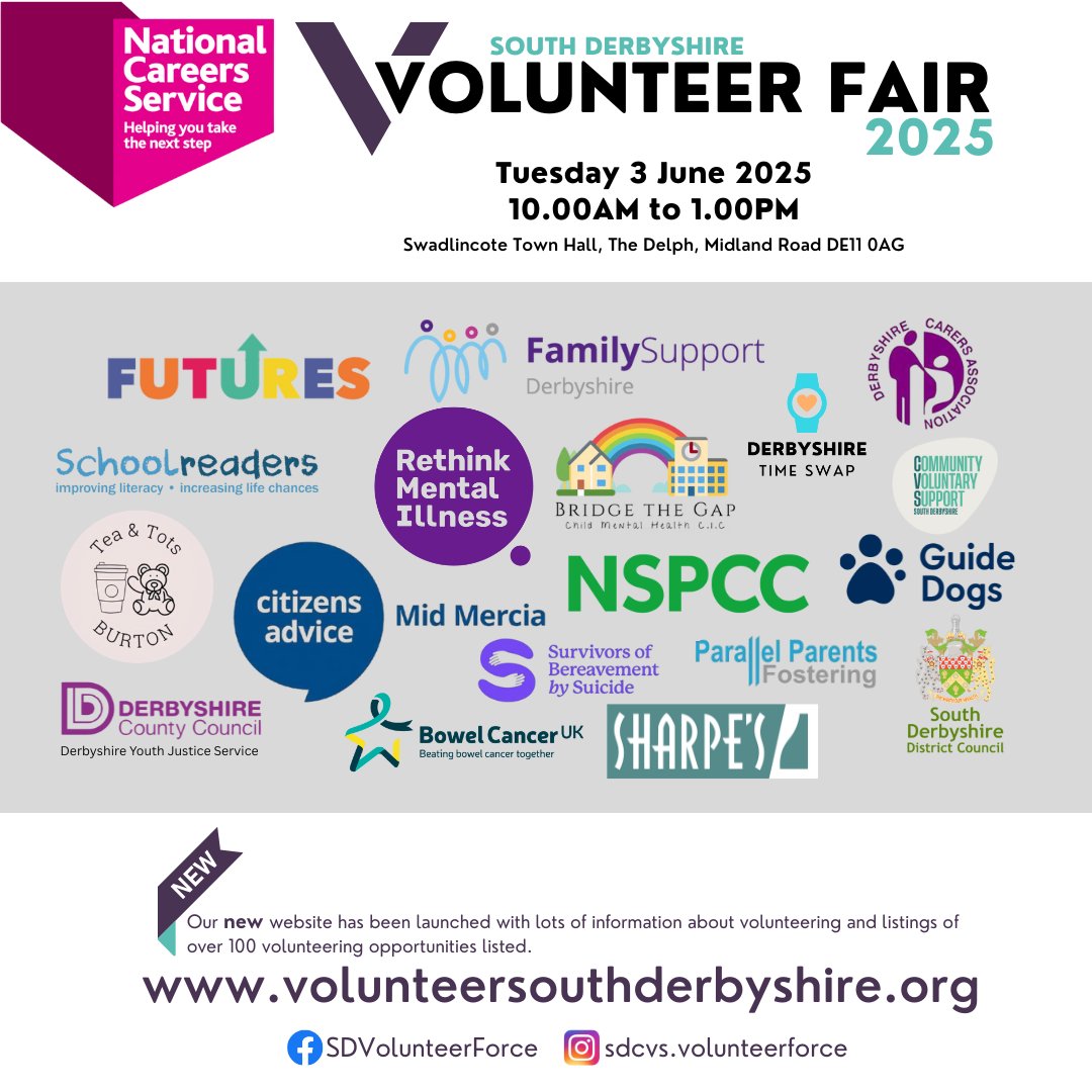 SDVolForce's tweet image. Looking to Make a Difference in South Derbyshire?

There is a diverse range of exciting volunteer opportunities waiting!

Connect. Volunteer. Make an Impact.

Tuesday 3 June 2025
10.00AM to 1.00PM
Swadlincote Town Hall, The Delph, Midland Road DE11 0AG