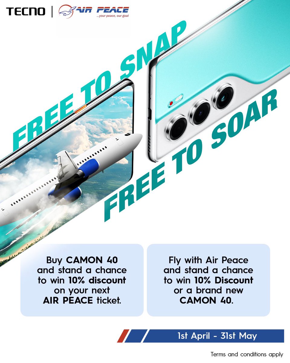 GET READY FOR TAKEOFF!

To celebrate our partnership, we're launching the #TECNOxAirPeace Promo!

Here's the deal: buy any of the CAMON 40 Series and stand a chance to win a 10% discount on your next Air Peace ticket!

And if you're flying with Air Peace from today until the 31st