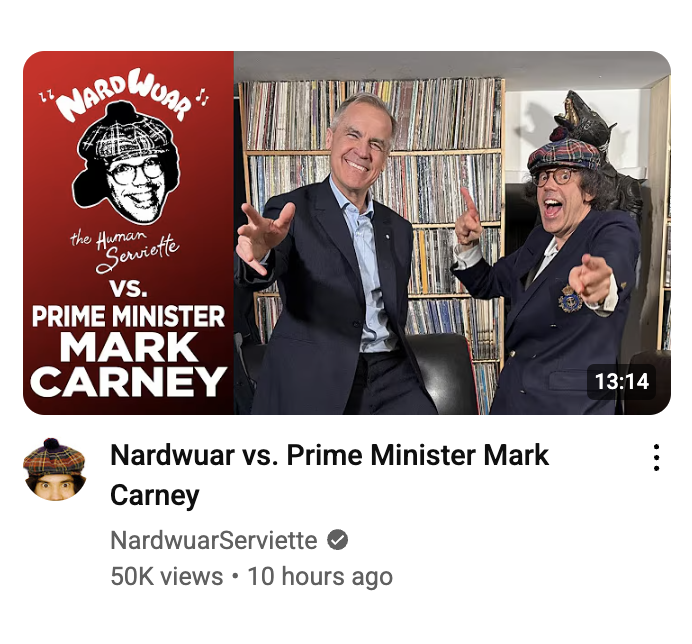 JJ_McCullough's tweet photo. Prime Minister Carney went on Narwuar's channel but not mine?? Disaster. I could get more than 50K views in 10 hours if I had the prime minister on I bet. https://t.co/lWm1f89sHy