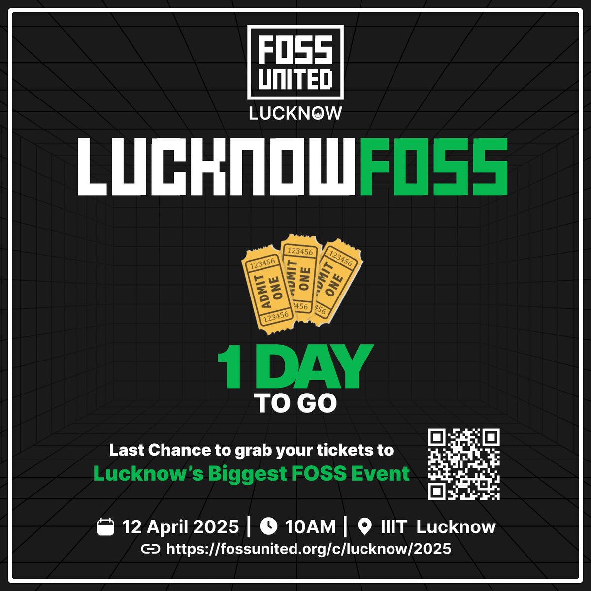 FOSSUnitedLKO's tweet image. Just 1 day left for #LucknowFOSS!
Join us for a full day of FOSS talks, community &amp;amp; energy!

🗓️ 12 Apr | 🕙 10AM
📍 IIIT Lucknow
🎟️ Don’t miss out: fossunited.org/c/lucknow/2025

#FOSSUnited #OpenSource #FreeSoftware