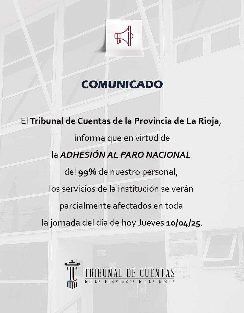 📢 COMUNICADO

El TC informa que en virtud de la
ADHESIÓN AL PARO NACIONAL de nuestro personal, los servicios de la institución se encuentran parcialmente afectados en toda la jornada de hoy.