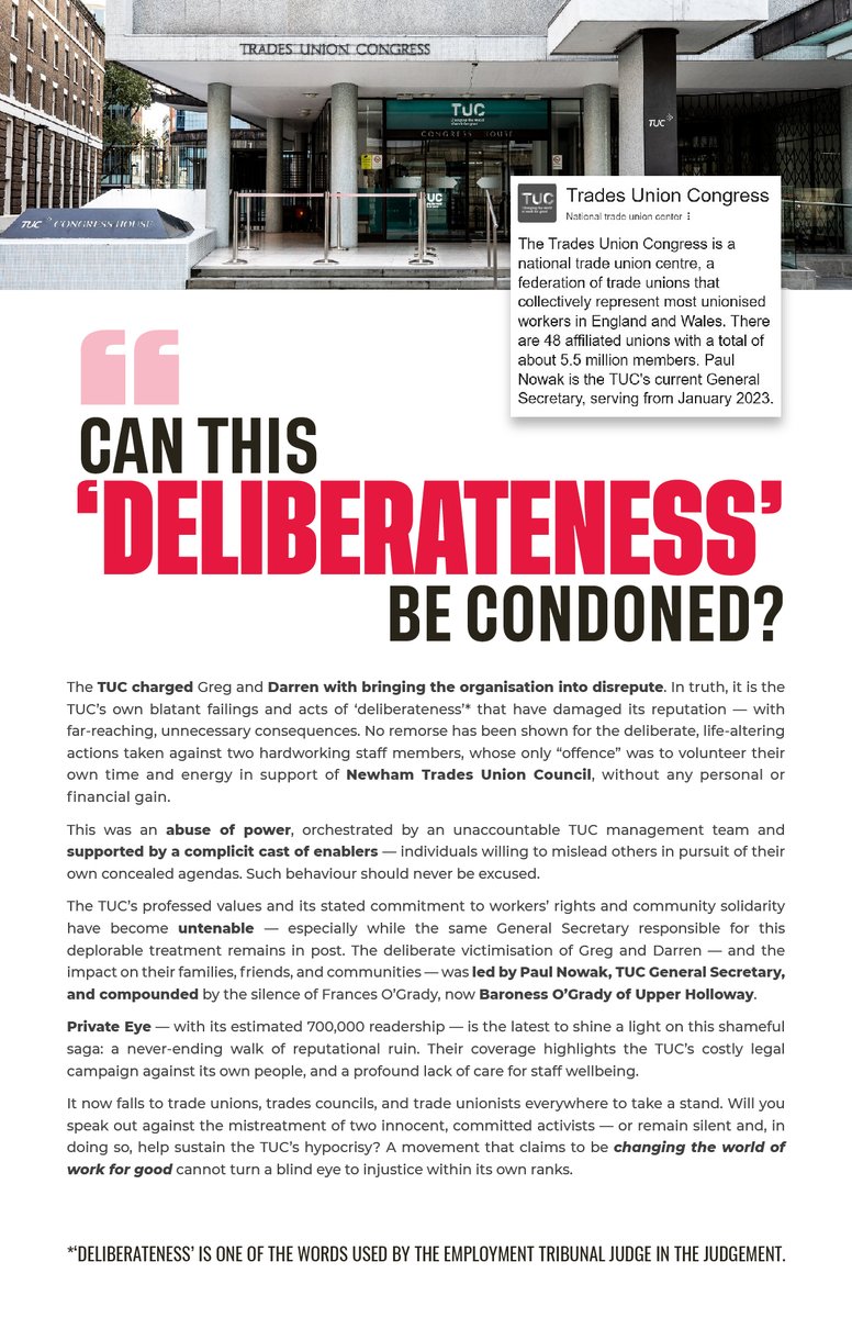 <a href="/StaffordScott_/">Stafford Scott</a> <a href="/tottenhamrights/">TottenhamRights.org</a> <a href="/buddy_hell/">Buddy Hell 🥤</a> @SeemaMisra7 <a href="/HackneyAbbott/">Diane Abbott</a> <a href="/BellRibeiroAddy/">Bell Ribeiro-Addy MP</a> <a href="/premnsikka/">Prem Sikka</a> <a href="/ClaptonCFC/">Clapton CFC</a> <a href="/Miners_Strike/">Miners Strike</a> <a href="/JimmyMonstaFunk/">Jimmy Monsta Funk</a> #Bullying = DELIBERATENESS
#Harassment = DELIBERATENESS 
#Abuseofpower = DELIBERATENESS
Ignoring #Acas guidelines = DELIBERATENESS 
#MentalHealth vandalised = DELIBERATENESS
#TUC #CongressHouse ban =DELIBERATENESS