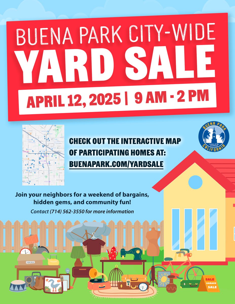 The official Buena Park Citywide Yard Sale Map is here! 🛍️ Happening Saturday, April 12, 2025, from 9:00 AM to 2:00 PM, dozens of homes across the city will be offering hidden gems, vintage finds, and unbeatable deals. View the map at BuenaPark.com/Yardsale