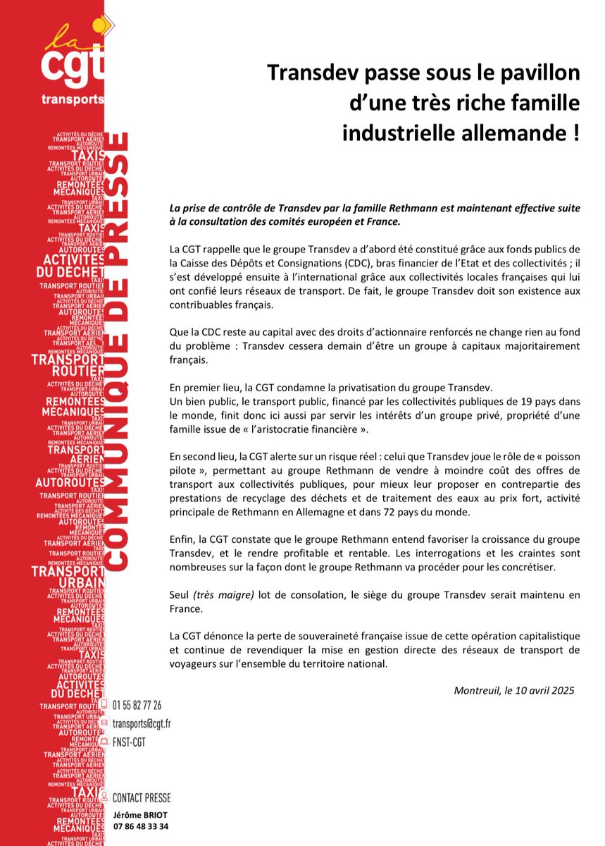 🇩🇪 Le jour même où V. Pécresse lui transfère l’exploitation de 19 lignes de bus RATP, le français Transdev devient allemand

L’allemand Transdev remercie V. Pécresse qui vend nos services publics au privé

👉🏼 La privatisation des bus est aussi une opération capitalistique juteuse