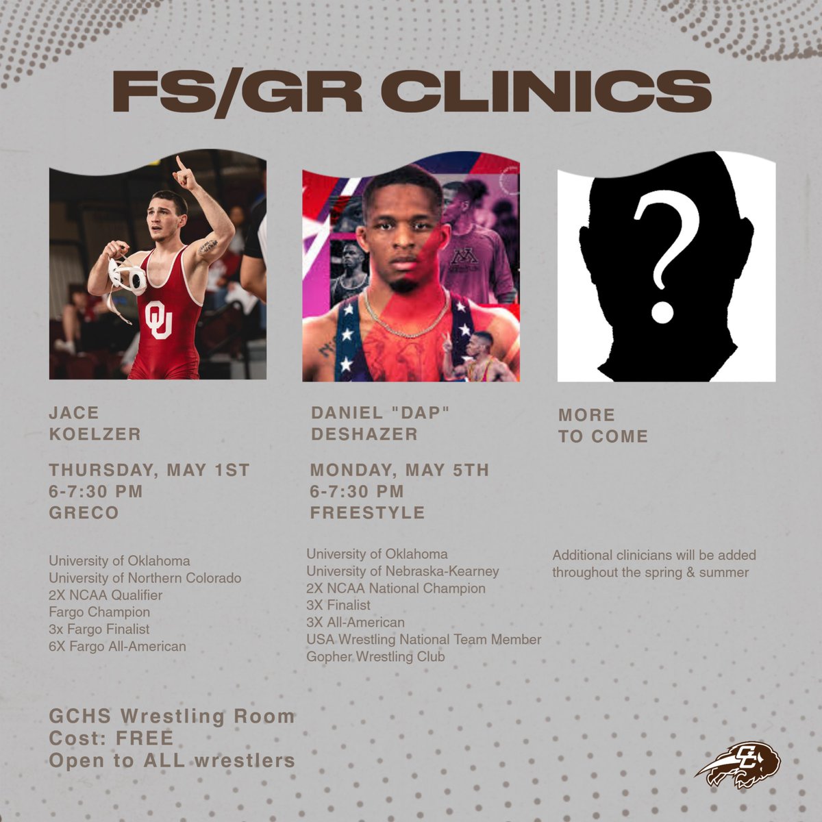 Some of Kansas’s best will be making their way out to GC to put on Freestyle/Greco clinics. No cost and open to all wrestlers with a USA Card.