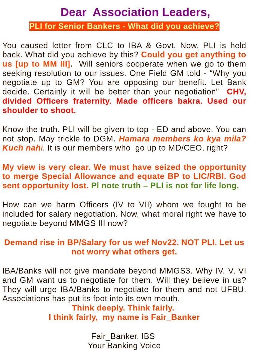 Fair_Banker's tweet photo. Dear Assn Leaders.
PLI - What did we gain? Nothing.
But loosing confidence & trust of senior officers.
Drop all. Demand @parwithLIC wef Nov22.
Spare 5 minutes. Read appendix.
#PLI
#BPS #JointNote
@aiboc_in @BMSkendra @AISBOF @idesibanda @alashshukla @bankaffairs @Bankers_We https://t.co/PU7EletA3f