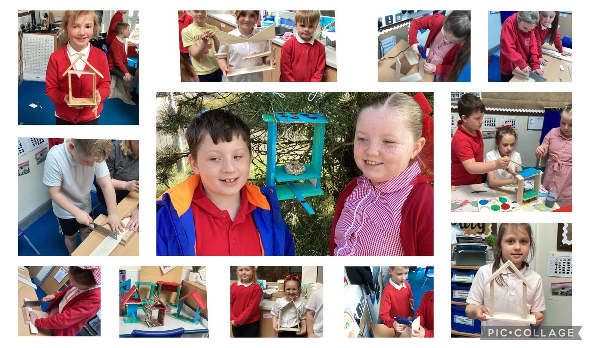 Greenhill10's tweet photo. Dosbarth Glas have had so much fun this week building bird feeders using the saw and glue gun. Today we put them outside with different food in and tomorrow we will see which food they liked the most! https://t.co/jbS46SjOBc