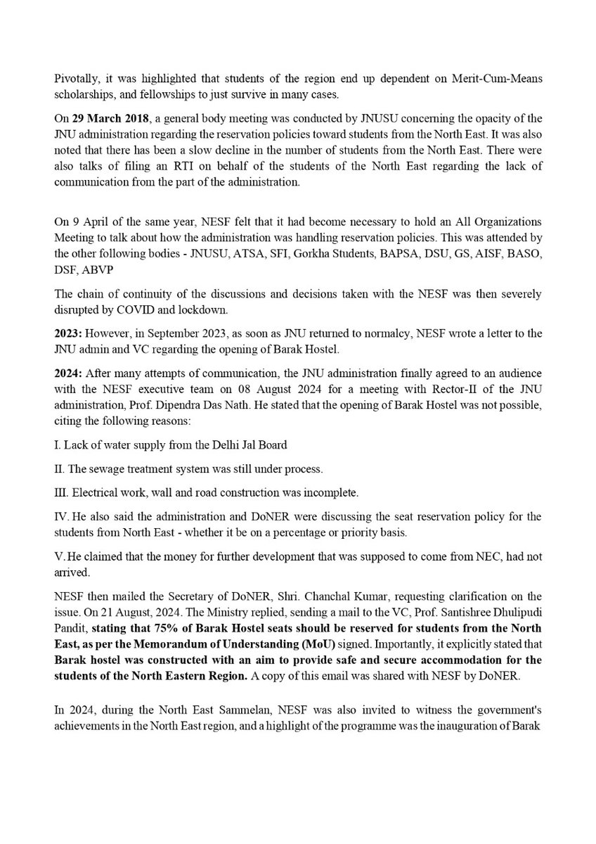 NESF_JNU's tweet photo. This is a collation of all the events that have taken place since the conceptualization of the construction of Barak Hostel till present date of the principle and reasoning behind the construction of a separate hostel for the students of the NE region with funding from the NEC. https://t.co/Y97OXINgLC