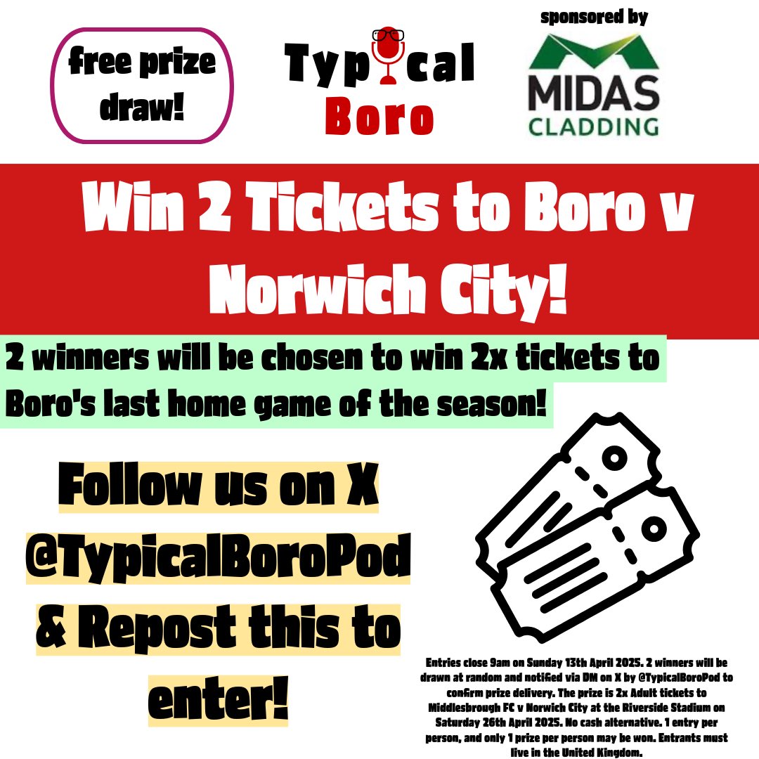 TypicalBoroPod's tweet image. Win 2 tickets to Boro v Norwich City at the Riverside! 🎟️ 

Thanks to our sponsor @Midas_Cladding we have 2 sets of 2 tickets to give away in this month’s prize draw! 🤩 

Just follow us and repost this post to enter! 

Entries close Sunday 13th April at 9am.