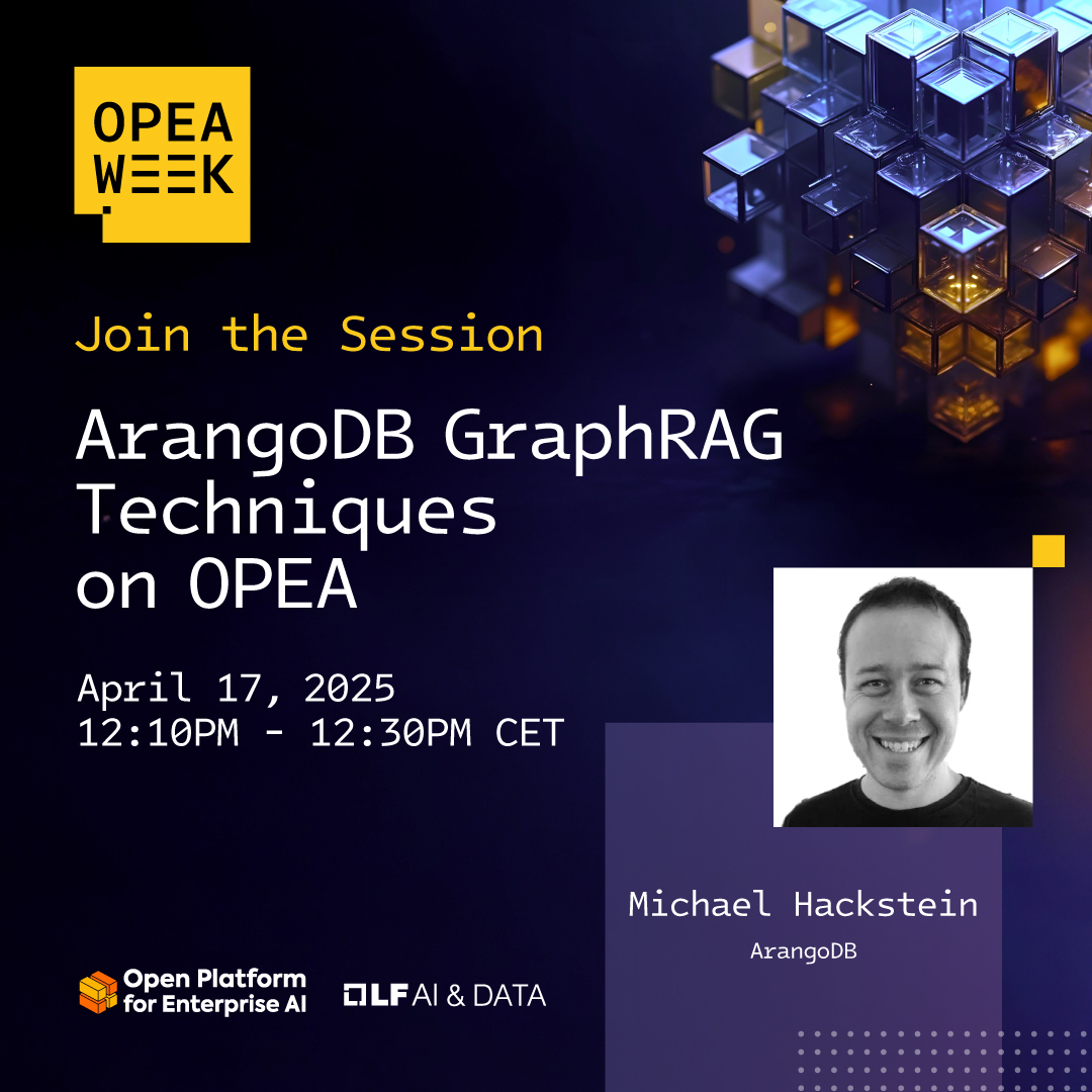 WhiteboardSell's tweet image. ArangoDB is collaborating with the Intel Team to introduce custom GraphRAG techniques into the Open Platform for Enterprise AI @OPEAdev
Registration is open now! okt.to/bOMhWy
#ArangoDB #Intel #GraphRAG #OPEA #AI #GenAI
