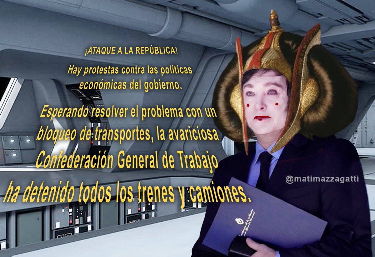 #ARGWARS
¡ATAQUE A LA REPÚBLICA!
 
Hay protestas contra las políticas 
económicas del gobierno.
 
Esperando resolver el problema con un bloqueo de transportes, la avariciosa Confederación General de Trabajo ha detenido todos los trenes y camiones.
#milei #CGT #paro #ParoNacional
