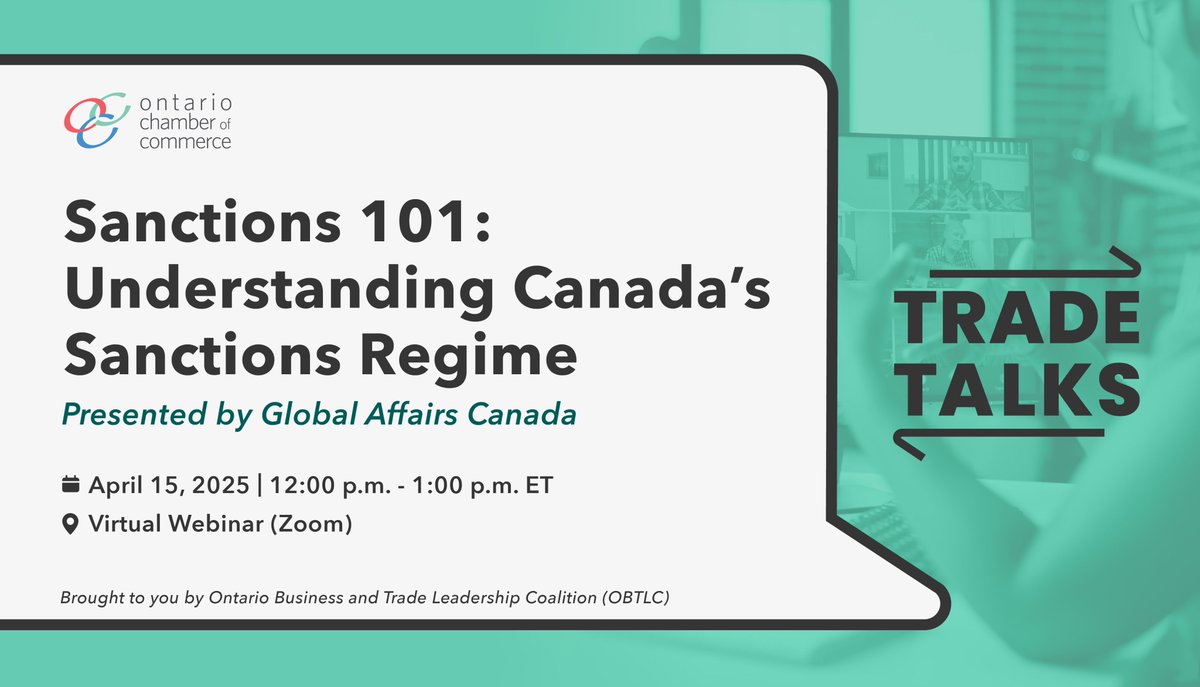 Global trade is shifting, and understanding sanctions is crucial for businesses involved in international trade. Register for the <a href="/OntarioCofC/">Ontario Chamber</a> Trade Talks webinar on Sanctions with <a href="/GAC_Corporate/">Global Affairs Canada</a>. tinyurl.com/5bbszfrt