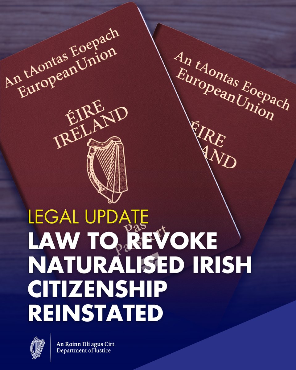 Department of Justice (@deptjusticeirl) on Twitter photo A commencement order reestablishing the revocation process, allowing for naturalised Irish citizenship to be revoked in serious cases was signed this week by <a href="/OCallaghanJim/">Jim O'Callaghan TD</a>. The order came into effect on 7 April 2025.
Read more: gov.ie/en/press-relea… A commencement order reestablishing the revocation process, allowing for naturalised Irish citizenship to be revoked in serious cases was signed this week by <a href="/OCallaghanJim/">Jim O'Callaghan TD</a>. The order came into effect on 7 April 2025.
Read more: gov.ie/en/press-relea…