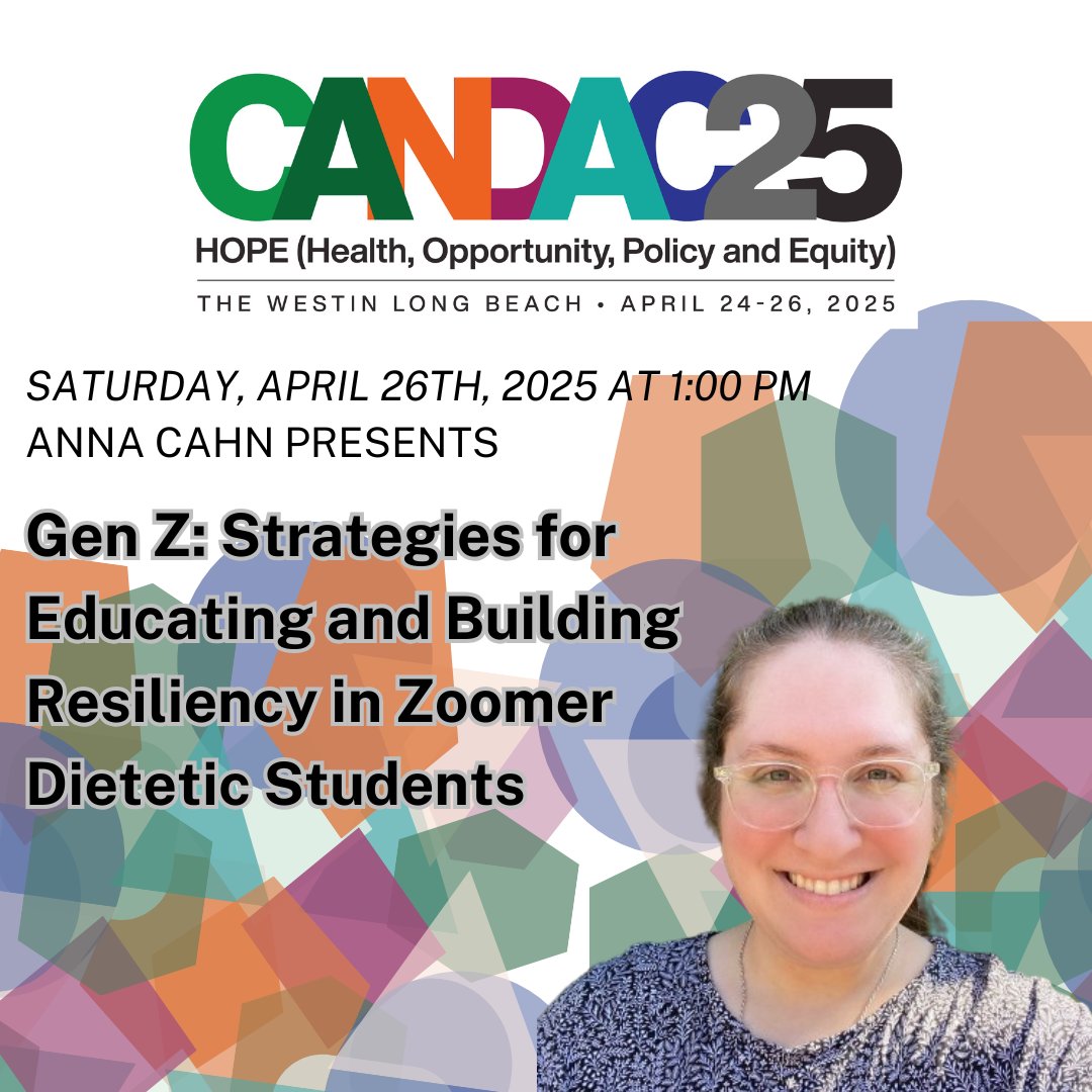 📣CANDAC25 #SpeakerSpotlight featuring Anna Cahn PhD, RDN, presenting Gen Z: Strategies for Educating and Building Resiliency in Zoomer Dietetic Students

🔗Learn more about our #CANDAC25 speakers, register, book your hotel and more at dietitian.org/annual-confere….