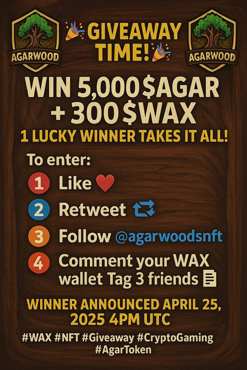 agarwoodsnft's tweet image. 🎉 GIVEAWAY TIME! 🎉  
Win 5,000 $AGAR + 300 $WAX 💰💥 
1 lucky winner takes it all!  

To enter: 
1️⃣ Like ❤️ 
2️⃣ Retweet 🔁 
3️⃣ Follow @agarwoodsnft  
4️⃣ Comment your WAX wallet Tag 3 friends 🧾 

 Winner announced April 25, 2025 4PM UTC 
#WAX #NFT #Giveaway #CryptoGaming…