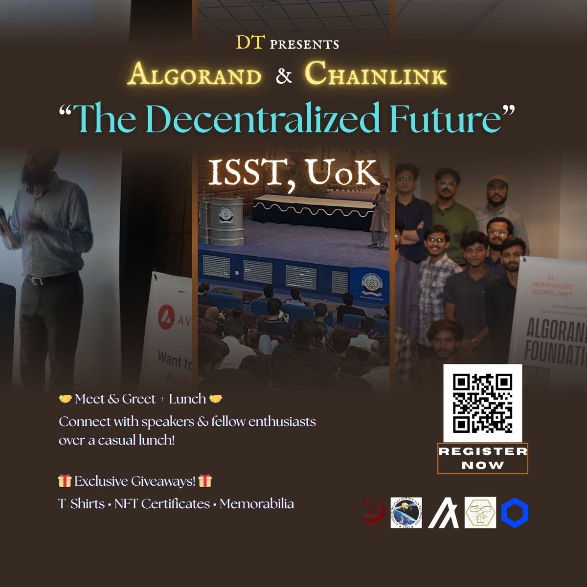 DTech000's tweet photo. 🚀 THE DECENTRALIZED FUTURE | with Algorand &amp; Chainlink

📍ISST, University of Karachi
🗓️Apr 15, 2025 | 🕑 2–4 PM

🎤Learn from industry experts
🎁Exclusive giveaways incl. Algo NFT certificates!
🍽️Meet &amp; Greet + Lunch

Don’t miss it! #Web3 #Blockchain #Algorand #Chainlink #DT https://t.co/AWqdMT4C7D