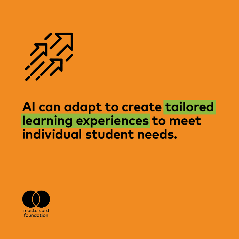 MastercardFdn's tweet photo. Artificial intelligence has the potential to reshape the learning experience. Swipe through to learn the impact it could have on students and teachers, then follow this link to read more: https://t.co/1u1myvBL6I