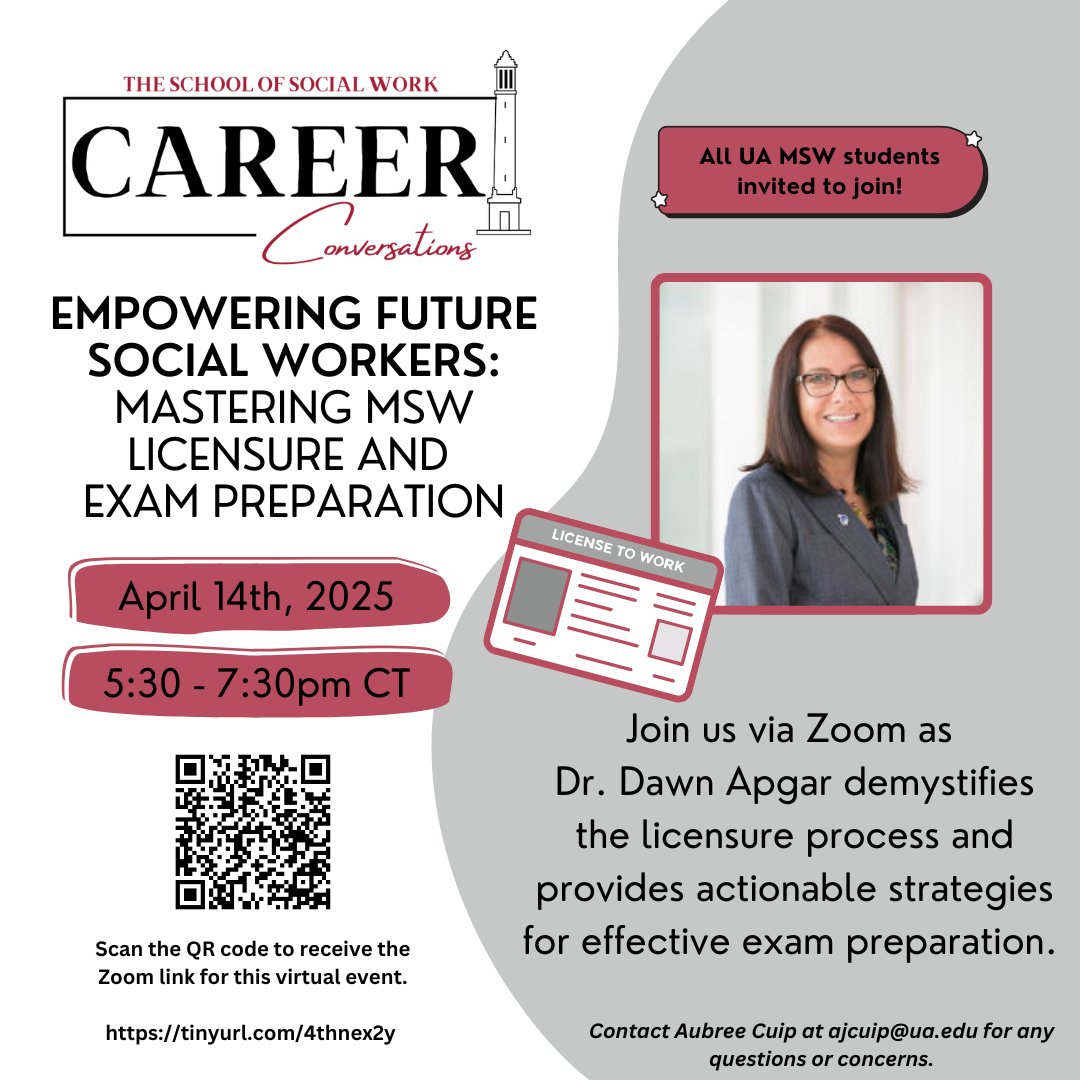 UA Social Work (@ua_socialwork) on Twitter photo Join us for a virtual MSW Licensure Overview session with Dr. Dawn Apgar on April 14th from 5:30 to 7:30pm to learn more about the MSW licensure process!
Registration link: tinyurl.com/4thnex2y Question? Contact MSW Advisor, Aubree Cuip, at ajcuip@ua.edu. Join us for a virtual MSW Licensure Overview session with Dr. Dawn Apgar on April 14th from 5:30 to 7:30pm to learn more about the MSW licensure process!
Registration link: tinyurl.com/4thnex2y Question? Contact MSW Advisor, Aubree Cuip, at ajcuip@ua.edu.