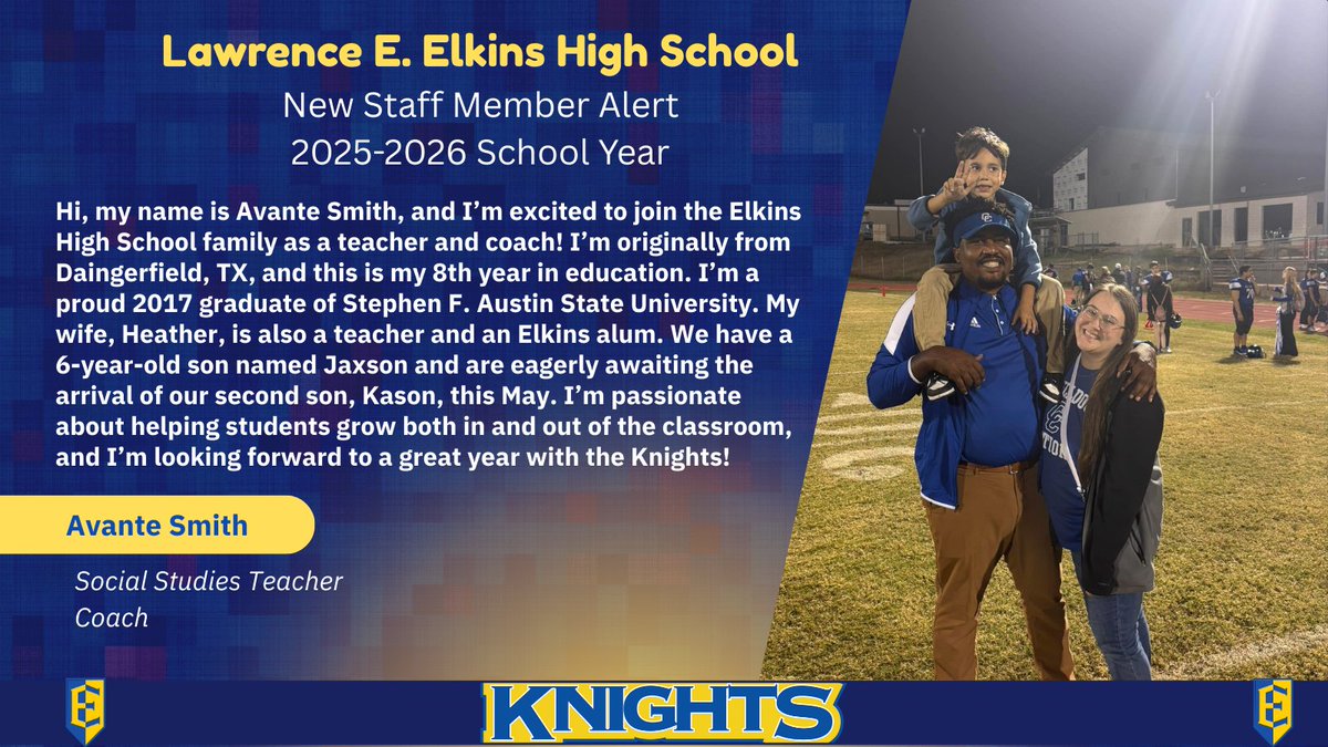 Elkins High School (@ehs_knightswire) on Twitter photo Even though 24-25 is still going strong, it's time to start thinking about the 25-26 school year. Let's give a big, Noble Knight Welcome to our first new hire for next year! #KnightLife <a href="/ElkinsFootball/">Fort Bend Elkins Football</a> Even though 24-25 is still going strong, it's time to start thinking about the 25-26 school year. Let's give a big, Noble Knight Welcome to our first new hire for next year! #KnightLife <a href="/ElkinsFootball/">Fort Bend Elkins Football</a>