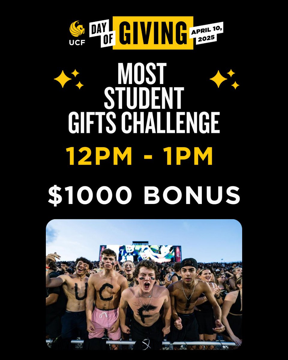 🚨 It's Student Gift Hour!
Students, it's time to lock in! Let's bring in the most gifts this hour! Use the link below to give now!
#UCFDayofGiving

go.ucf.edu/3x0G9d8