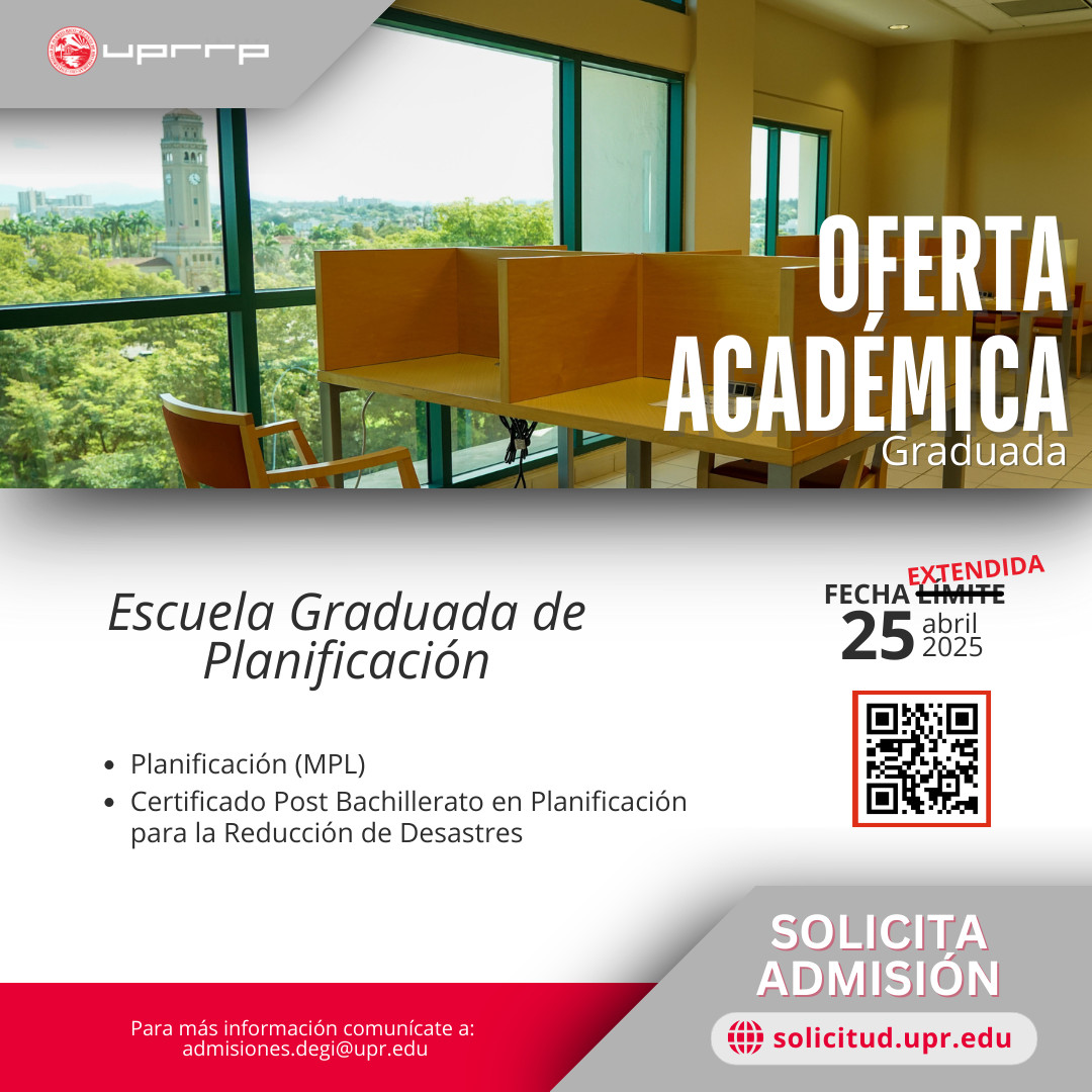 🚨Fecha límite extendida🚨

✍️📃 Nuestra Escuela de Planificación ofrece el grado profesional de Maestría en Planificación con distintas áreas de énfasis.

📆Fecha límite: 25 de abril

👉Descubre más: planificacion.uprrp.edu/programa-de-ma…

#ExcelenciaATuAlcance #ActivaTuPotencial #uprrp