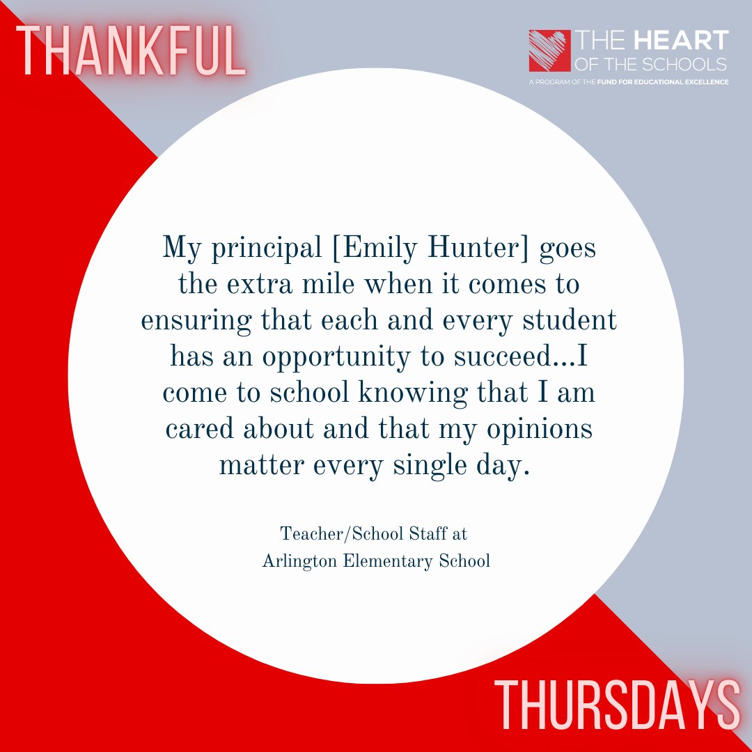 Every Thursday, we celebrate @baltcityschools principals with #ThankfulThursdays! Next up is a note for Arlington Elementary School's Principal Emily Hunter. #Heartoftheschools