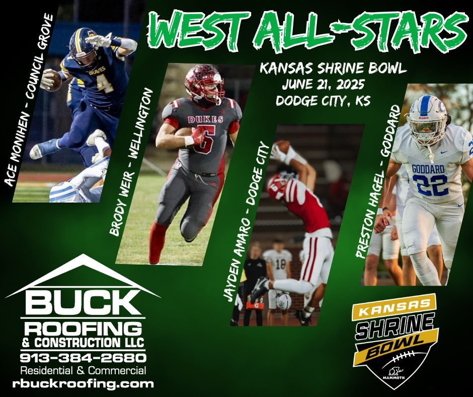 Visit buff.ly/mjp51Zp to learn all about today's featured West All-Stars; Ace Monihen (Council Grove), Brody Weir (Wellington), Jayden Amaro (Dodge City), and Preston Hagel (Goddard) All-Star Profiles are brought to you by Buck Roofing &amp; Construction LLC.
