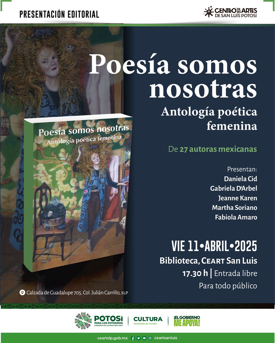seculturaslp's tweet photo. 📖Te esperamos en la presentación editorial de «Poesía somos nosotras» Antología poética femenina de 27 autoras mexicanas
Presentan Daniela Cid, Gabriela D'Arbel, Jeanne Karen, Martha Soriano y Fabiola Amaro
📆Viernes 11 de abril ⏱ 17:30 h
📌Biblioteca #CEARTSLP
🎟Entrada libre https://t.co/hj9hSVAiGc