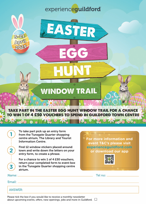 Experience Guildford is delighted to bring you an egg-citing FREE event this spring: the Easter Egg Hunt Window Trail, taking place from 5–21 April 2025. Grab the family and set off on a playful quest through Guildford!

Easter Egg Hunt- Window Trail