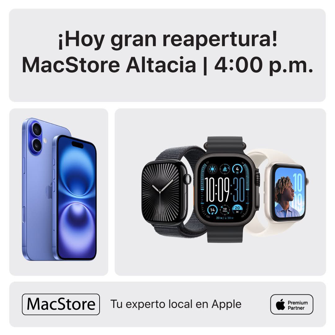 ¡Es hoy la gran reapertura de MacStore México Altacia! 🎊 Ven a conocer la renovada tienda, vive la experiencia MacStore y aprovecha de promociones exclusivas:
💻 10% de descuento en iPad y Mac. 
🎧 Hasta 20% en accesorios.