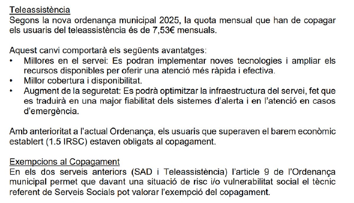 AUP_Rubi's tweet photo. Vam preguntar pel copagament de la teleassistència i no entenem la resposta del govern de #rubicity.

Per què s'ha decidit aplicar ara? Per què no es fa una quota progressiva? 

Sospitem que és per ajustar el pressupost, però és un servei #essencial que hauria de ser gratuït. https://t.co/2RimIAg9pj