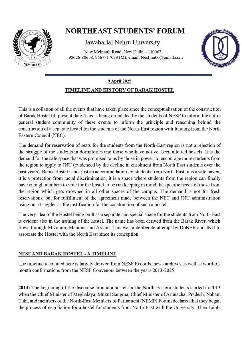 NESF_JNU's tweet photo. This is a collation of all the events that have taken place since the conceptualization of the construction of Barak Hostel till present date of the principle and reasoning behind the construction of a separate hostel for the students of the NE region with funding from the NEC. https://t.co/Y97OXINgLC
