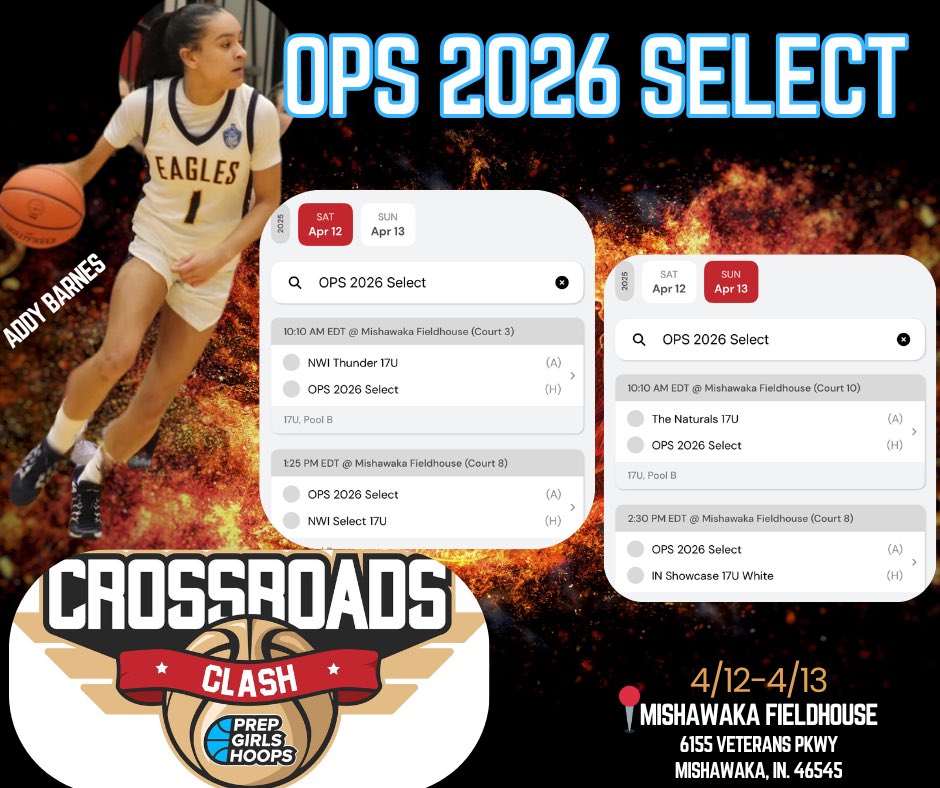 Game times for the Crossroads Clash this weekend! I can’t wait to compete with my <a href="/OPS2026Pontius/">OPS 2026 Pontius</a> girls!!!
