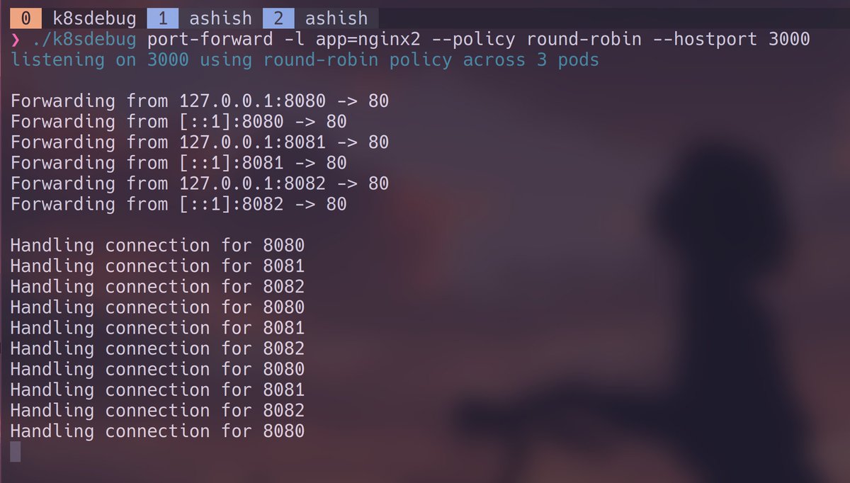 assheis's tweet photo. Okay how bout this neat little feat. Run your app on host for easy debugging and use round robin smart portforwarding on desired pods(eg: base on labels) to simulate the traffic when the app will run in-cluster going through k8s service. https://t.co/AMVFgL30oO