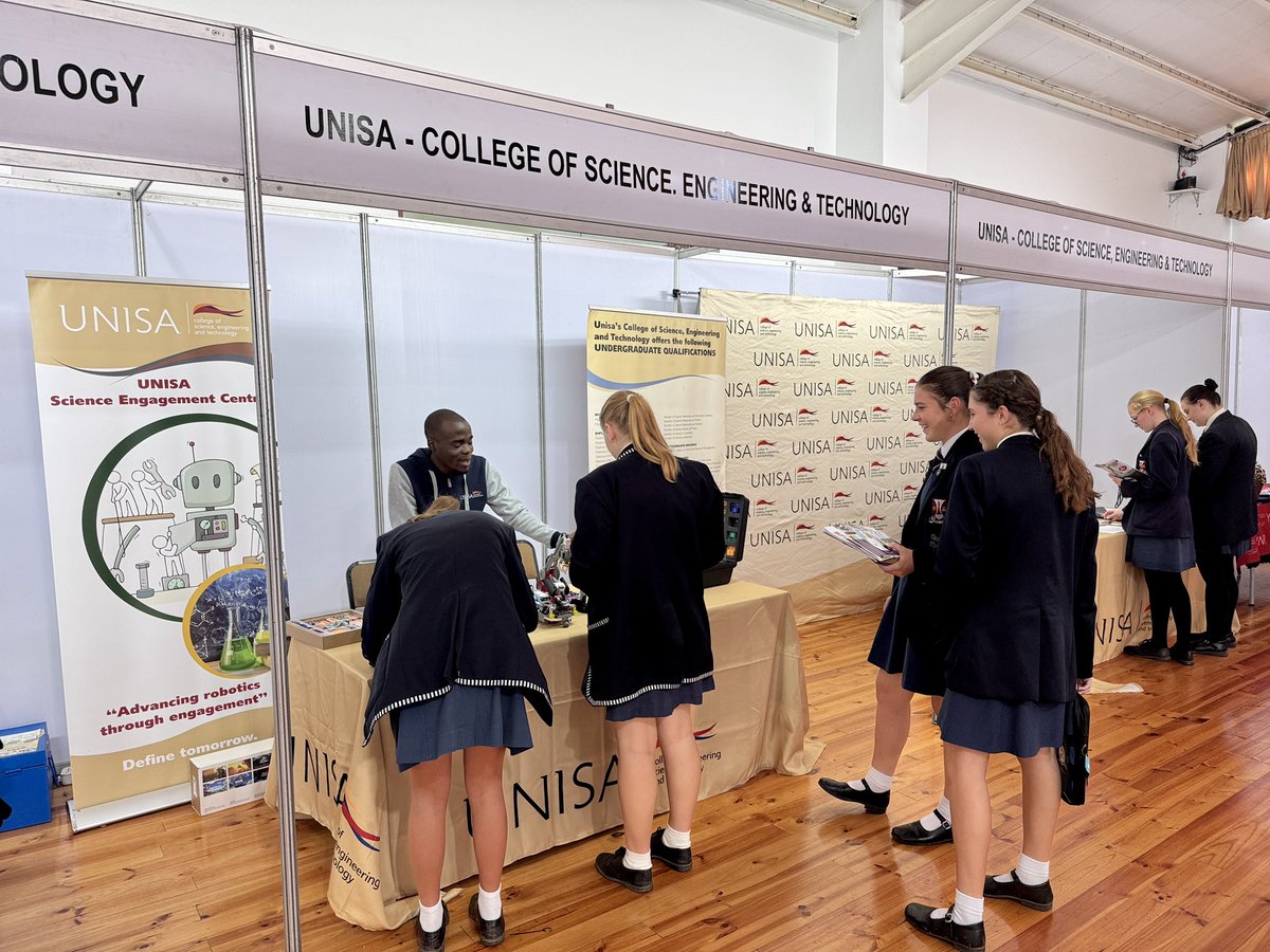UnisaCSET's tweet photo. [UNISA CSET CAREER EXHIBITIONS] DAY 1 of Working World Expo 2025, at Mentors Country Estate, Jeffreys Bay, Eastern Cape, and we would like to thank all the schools who showed up in numbers to our exhibition stall.
If you missed us today you can still visit our #UnisaCSET stall tomorrow at the same venue from 8:30–16:00. Our robotics team from U-SEC @i-set will be doing some live demonstrations, do visit us!
#UnisaCSET 
#Unisa150andBeyond