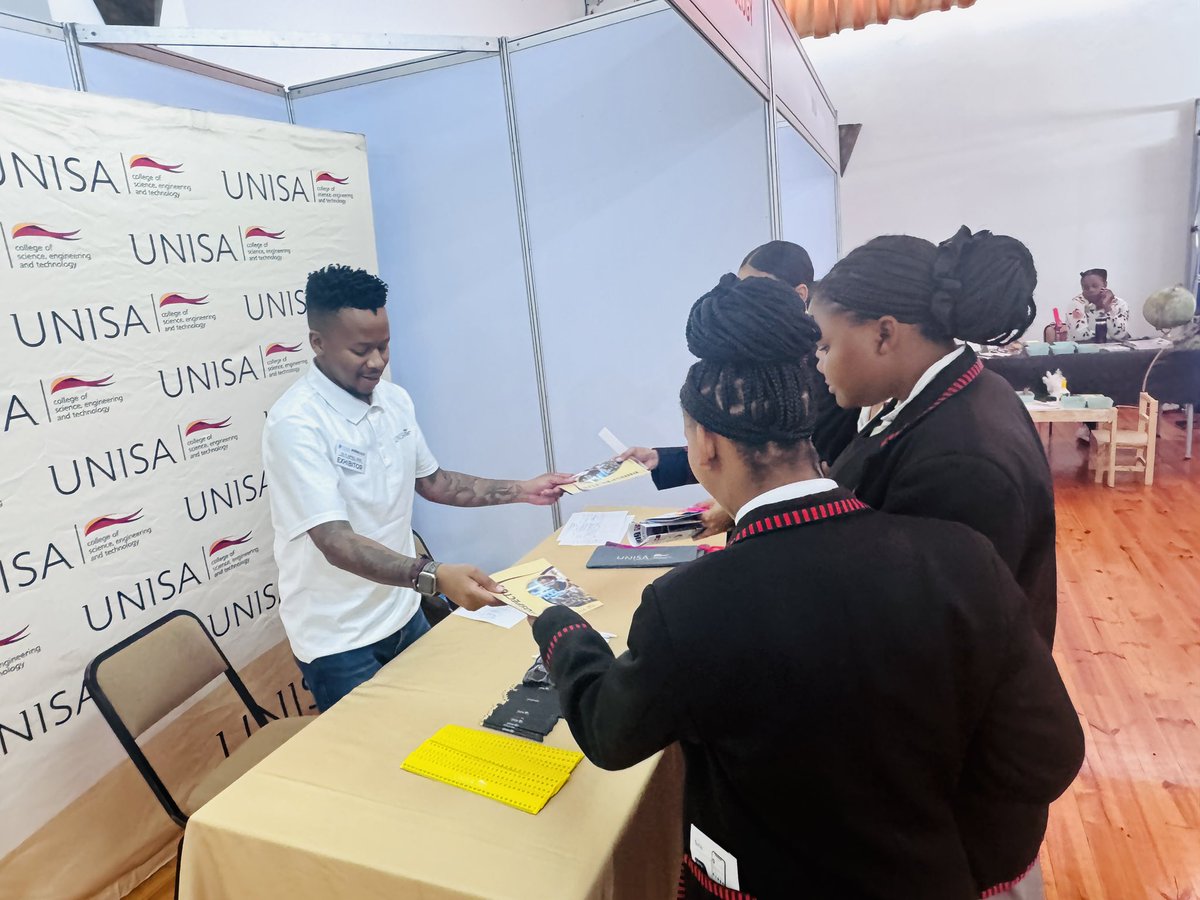 UnisaCSET's tweet photo. [UNISA CSET CAREER EXHIBITIONS] DAY 1 of Working World Expo 2025, at Mentors Country Estate, Jeffreys Bay, Eastern Cape, and we would like to thank all the schools who showed up in numbers to our exhibition stall.
If you missed us today you can still visit our #UnisaCSET stall tomorrow at the same venue from 8:30–16:00. Our robotics team from U-SEC @i-set will be doing some live demonstrations, do visit us!
#UnisaCSET 
#Unisa150andBeyond