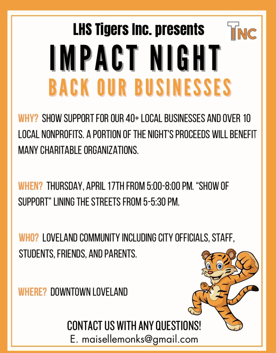 LHSTigersInc's tweet photo. Impact night is April 17th from 5-8 pm! https://t.co/yXGxu60DVA