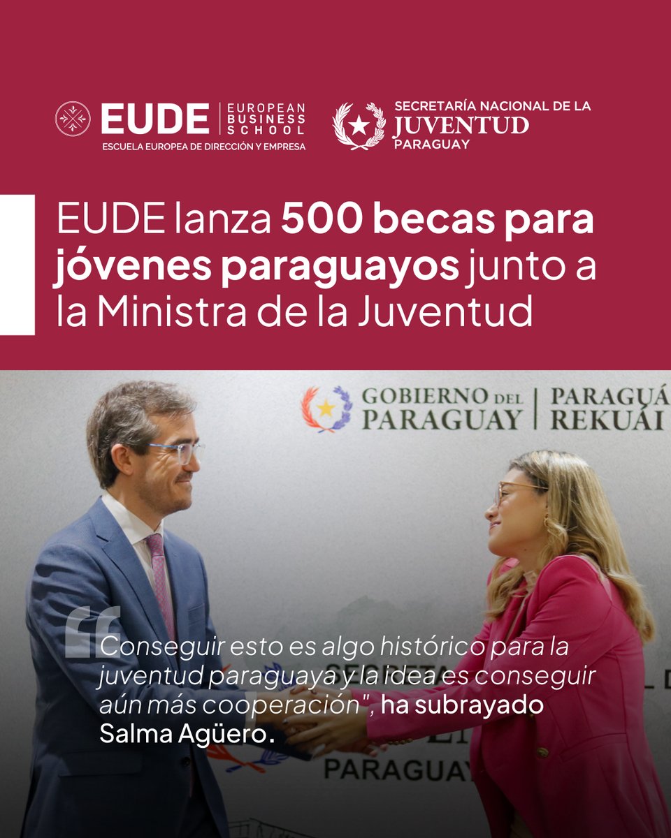 EUDEbusiness's tweet photo. EUDE lanza 500 becas de hasta el 90% para jóvenes paraguayos.

El acuerdo se oficializó ayer en Asunción (Paraguay) junto a la Ministra de la Juventud, Salma Agüero, y el OIJ.

Interesados pueden apuntarse aquí: https://t.co/fM5d1XhCQa https://t.co/MEkl1V61en
