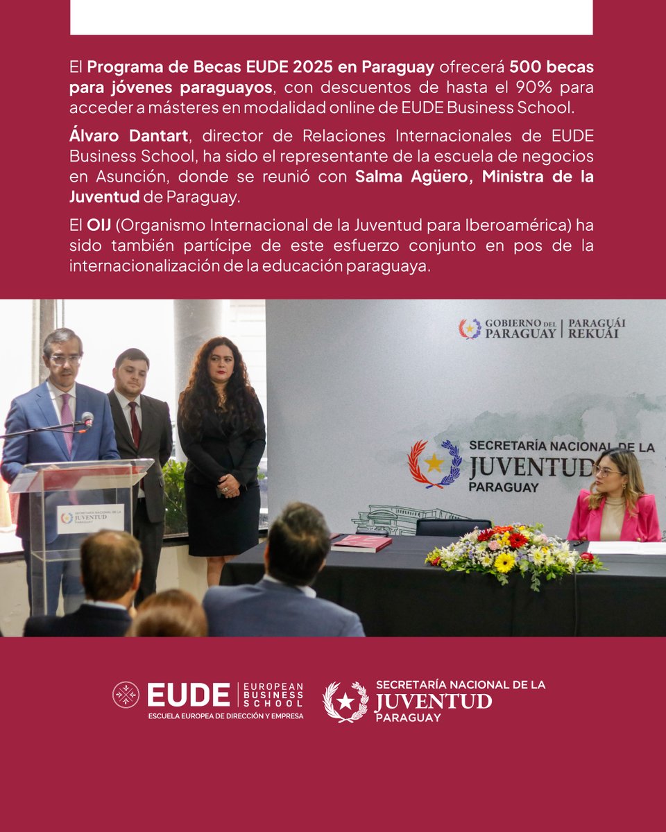 EUDEbusiness's tweet photo. EUDE lanza 500 becas de hasta el 90% para jóvenes paraguayos.

El acuerdo se oficializó ayer en Asunción (Paraguay) junto a la Ministra de la Juventud, Salma Agüero, y el OIJ.

Interesados pueden apuntarse aquí: https://t.co/fM5d1XhCQa https://t.co/MEkl1V61en