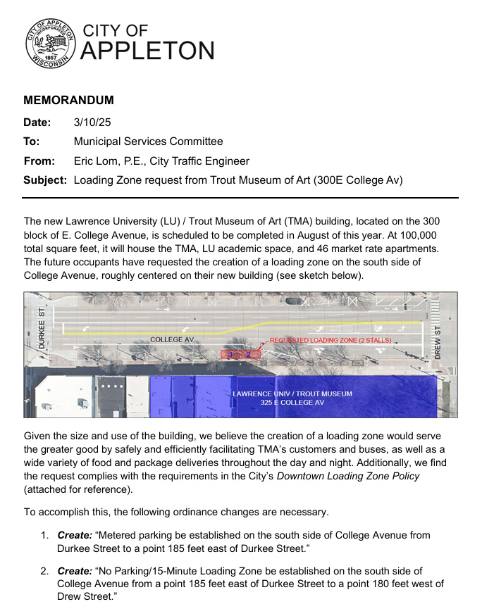 AllAppleton's tweet photo. Municipal Services Committee Recommends Approval Of Trout Museum Loading Zone To Be Reviewed After A 6-Month Trial Period

https://t.co/SDNWzw5Nn4 https://t.co/zExSSDC3i4