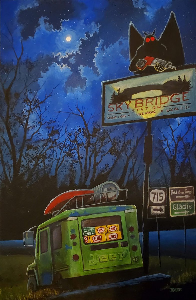Pro tip: If you have Ale-8 in your car, Mothman might spare your catalytic converter.
🎨: <a href="/JonGaddisArt/">Jon Gaddis</a>