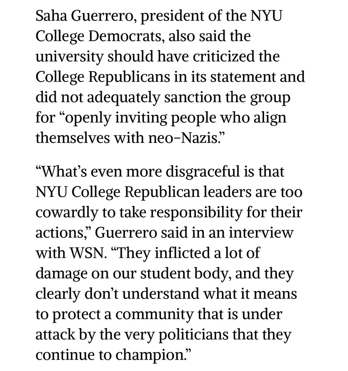 SahaGuerrero's tweet photo. I spoke with @nyunews on the harm inflicted on our student body by the NYU College Republicans. 

I wish I could say they would know better. But they do not understand what it means to protect a community under attack by the very politicians they continue to champion. https://t.co/5WNJY1utrj