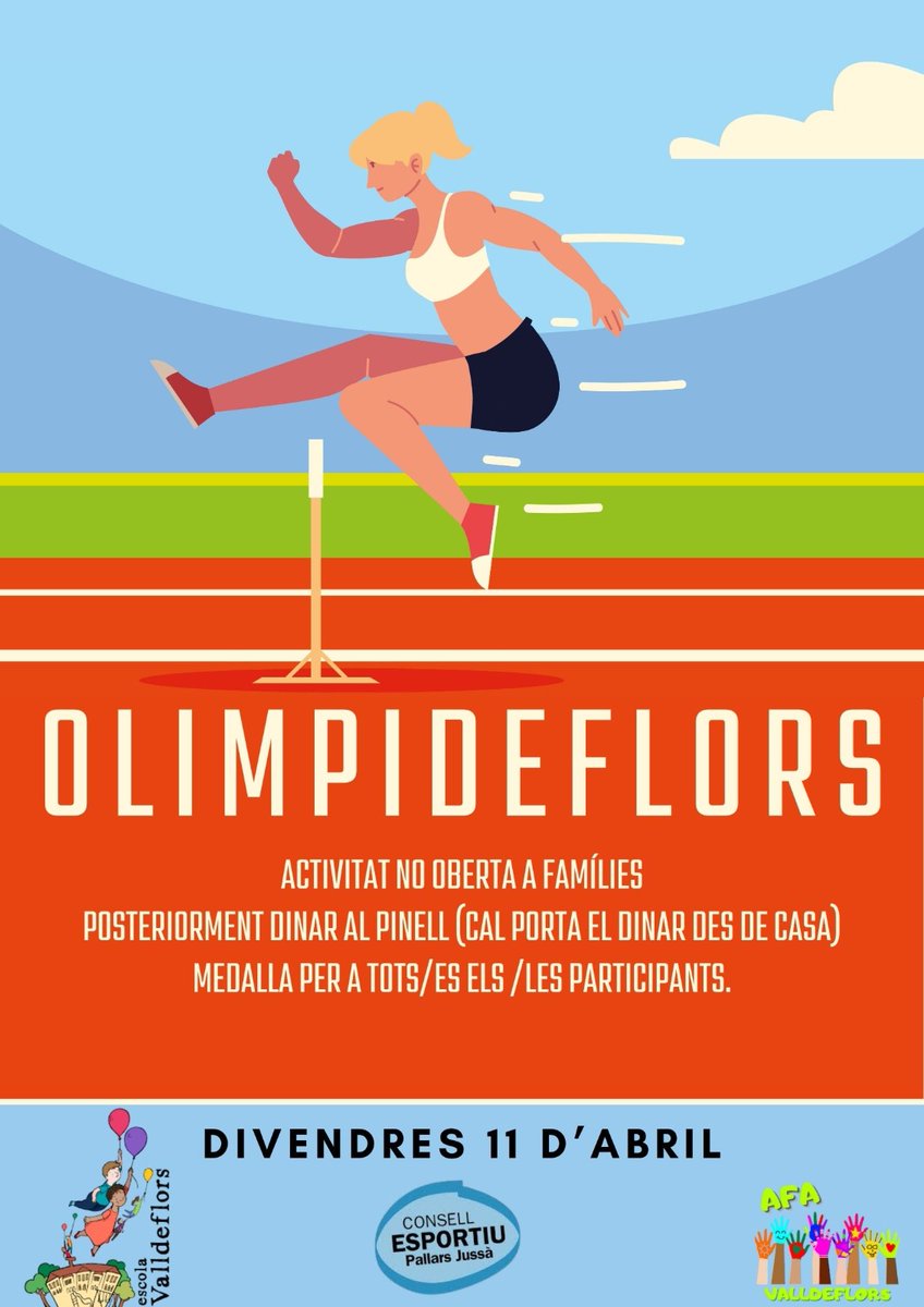 Divendres 11 d'abril l'Escola Valldeflors de #Tremp celebra un any més l'olimpíada escolar.
Gran diada de l'atletisme a l’escola, i posteriorment dinar tots/es junts/es al Parc del Pinell per celebrar el #diadelaprimavera.
#consellsesportius #esportescolar