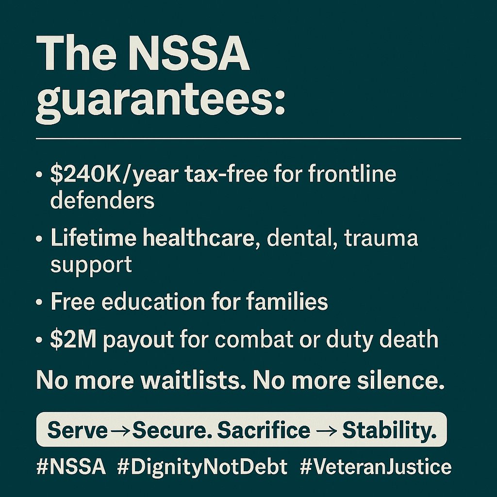 IRCCFailed's tweet photo. The NSSA guarantees:

$240K/year tax-free for frontline defenders

Lifetime healthcare, dental, trauma support

Free education for families

$2M payout for duty death

No more waitlists. No more silence.
 Serve → Secure. Sacrifice → Stability.
#NSSA #DignityNotDebt #VeteranJustice
