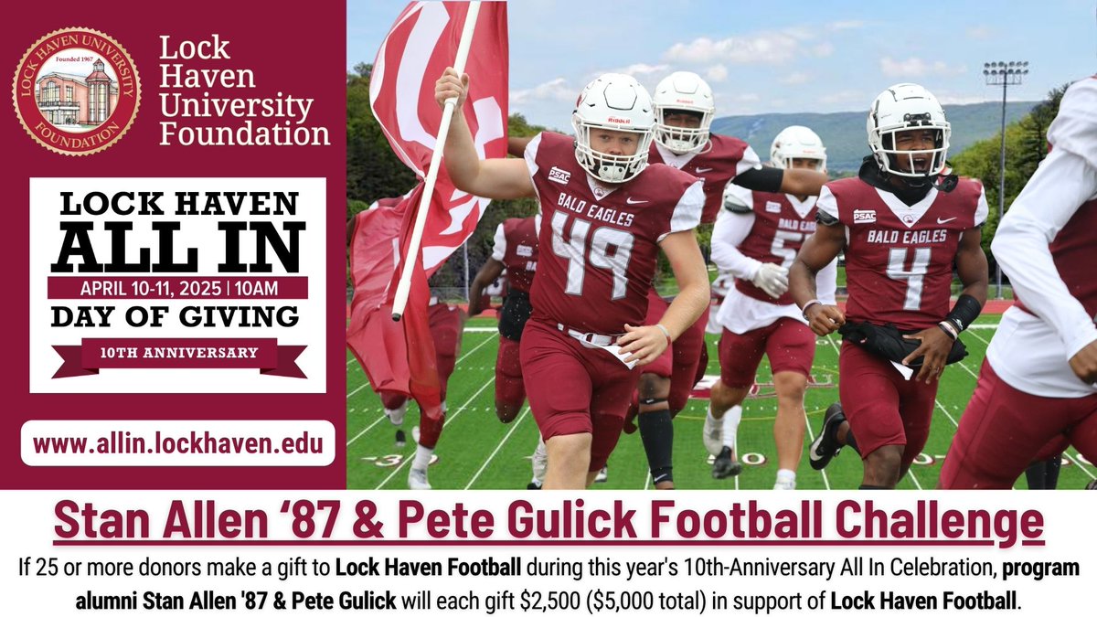 LHU Alumni (@lhualumni) on Twitter photo Support <a href="/LHU_Football/">Lock Haven Football</a> during our 10th Anniversary All In Celebration 🦅 Give now at:
allin.lockhaven.edu/campaigns/foot…
#LockedIn #LHUALLIN #GiveToLHU #10YearsLHUAllIn #BaldEaglesForLife #HAVENNation #HAVENPROUD Support <a href="/LHU_Football/">Lock Haven Football</a> during our 10th Anniversary All In Celebration 🦅 Give now at:
allin.lockhaven.edu/campaigns/foot…
#LockedIn #LHUALLIN #GiveToLHU #10YearsLHUAllIn #BaldEaglesForLife #HAVENNation #HAVENPROUD